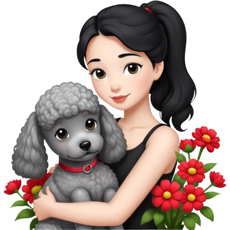 A beautiful girl with black ponytail happily hugs a gray poodle in the flowers emoji