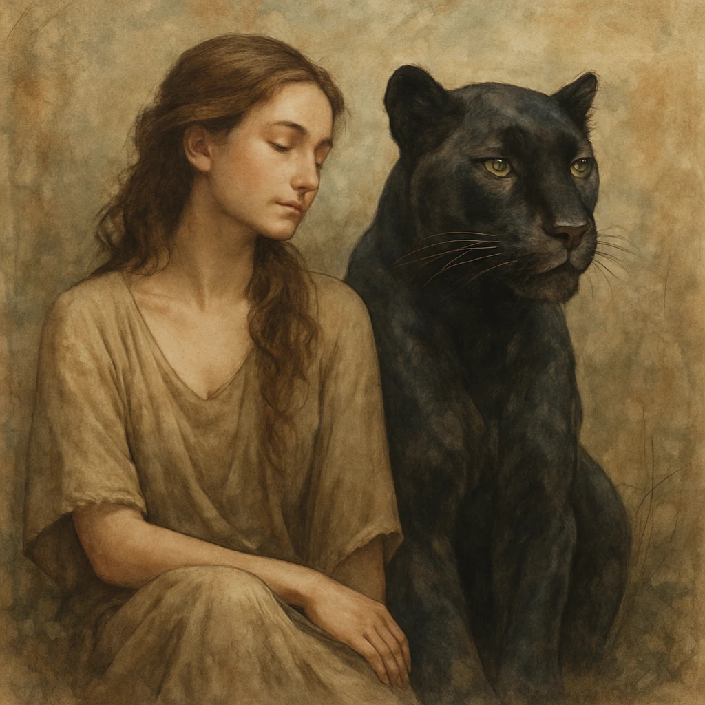 a calm woman and a panther sitting together, harmonious, detailed, artistic emoji