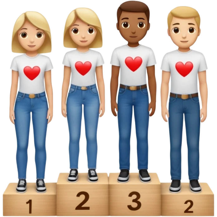 show people on podium in first, second and third place.  The podium should be labled 2, 1, 3.  The middle position should only have the number 1.  the people should be dressed in relaxed clothes like jeans and t-shirts emoji