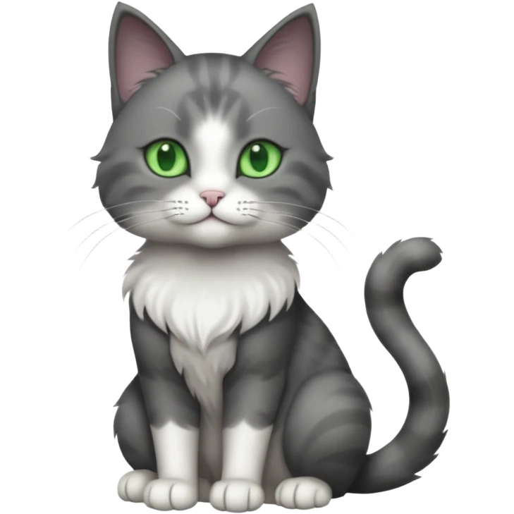 full body view of beautiful female solid dark grey cat with green eyes, grey face, white toes and white patch on chest emoji