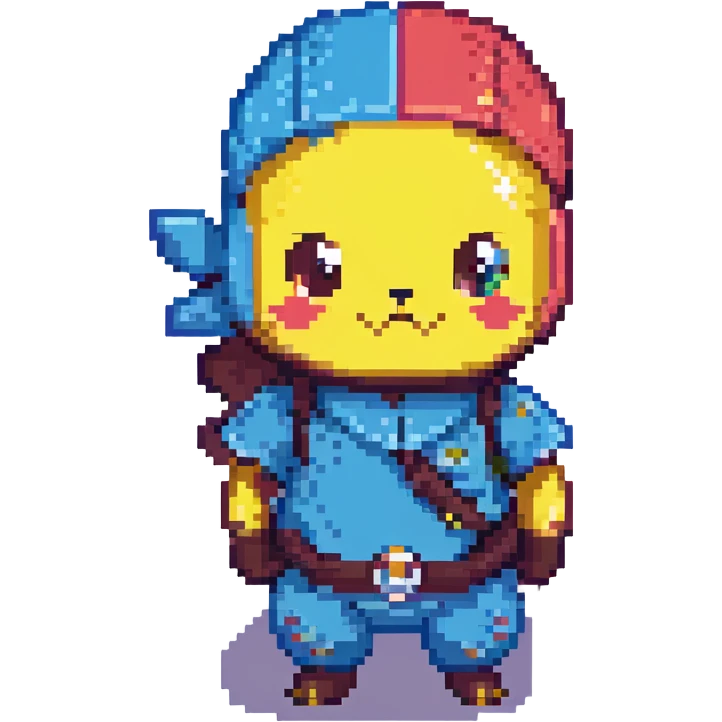 Pokemon and Ninja Hattori together, pixel art style, cheerful expression, cute, bright colors emoji