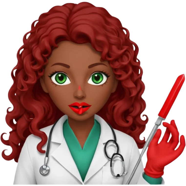 Lilith symbol sexy evil woman. She has green eyes.  had brown long curly hair.  evil surgeon kills with scalpel wears red sexy doctor coat with red mouth cover red gloves. Covers nose, neck  and mouth with Muslim red berka emoji