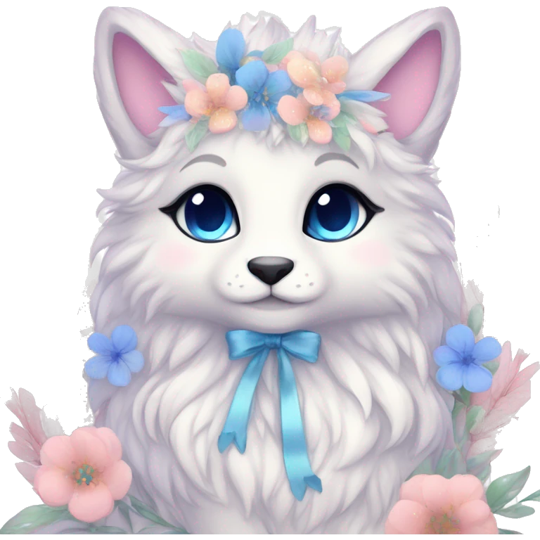 Anthro Cute Cool Pastel Kawaii gorgeous sparkly ethereal fantasy animal creature with blue eyes furry sona with flowers and ribbons beautiful aesthetic emoji