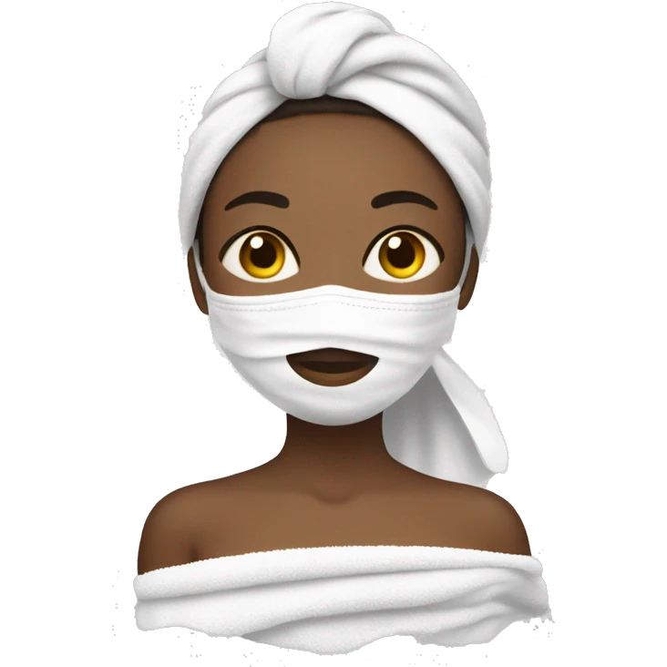 A girl with a towel over her hair and a white towel on her body and a face mask on her emoji