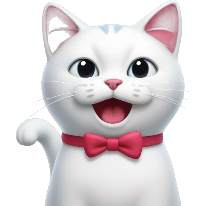 A white cartoon cat hello k with a red bow on its left ear, looking disgusted, a stream of pink liquid from its mouth emoji