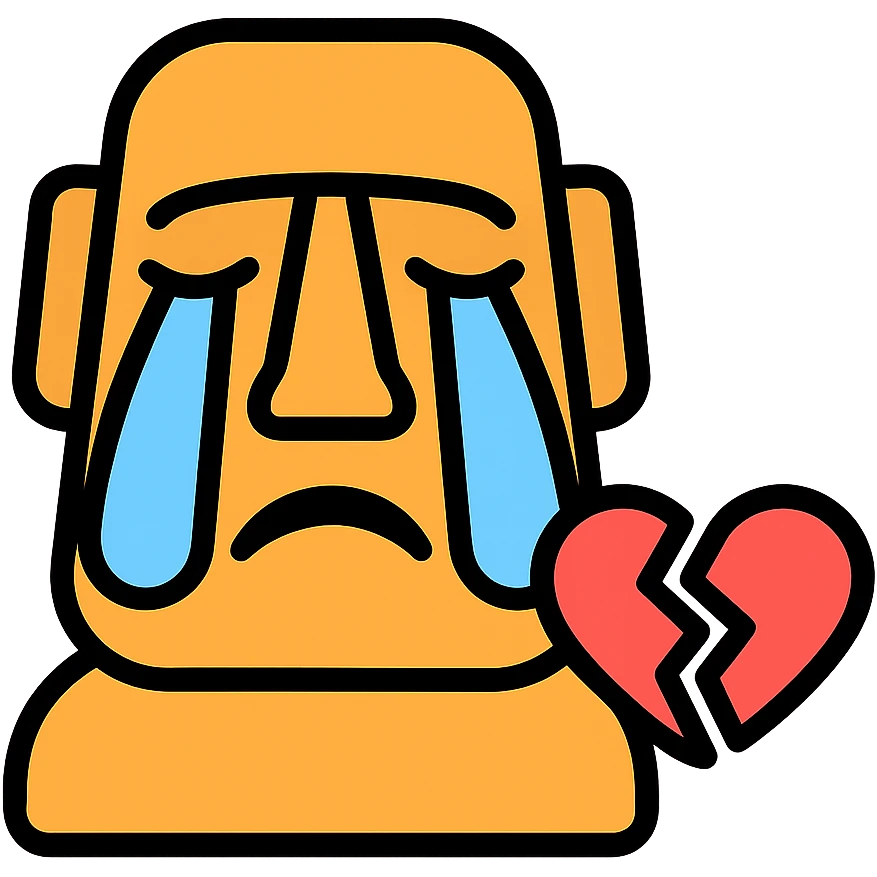 sobbing moai emoji with a broken heart next to it emoji