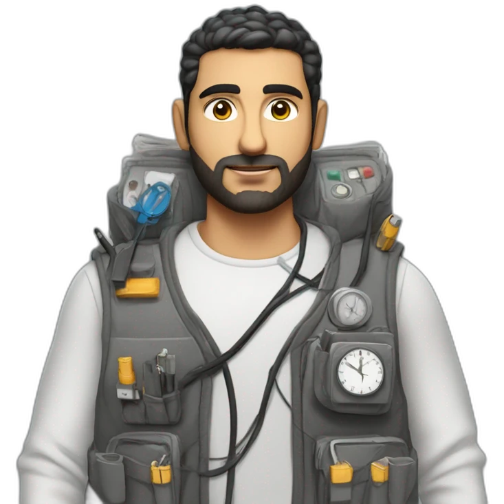arab man in large bulky vest with many pockets with electrical wires connecting pockets and single analog clock on a pocket emoji