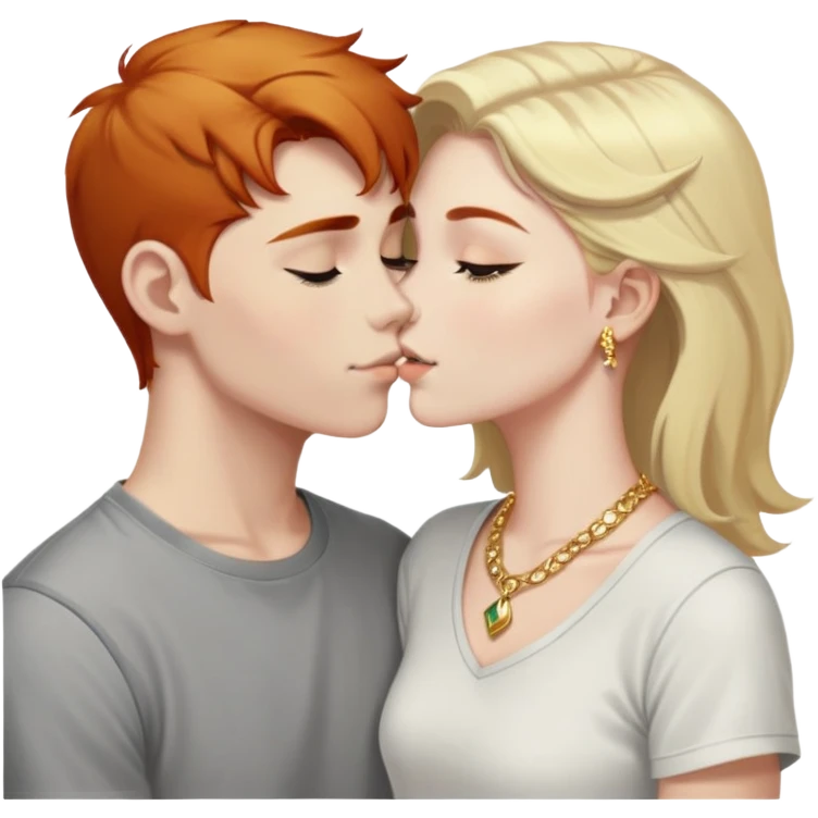 young 20 year old redhead girl with dark blonde eyebrows wearing gold jewelry and light clothes kissing a young 20 year old white-haired boy wearing dark t-shirt emoji