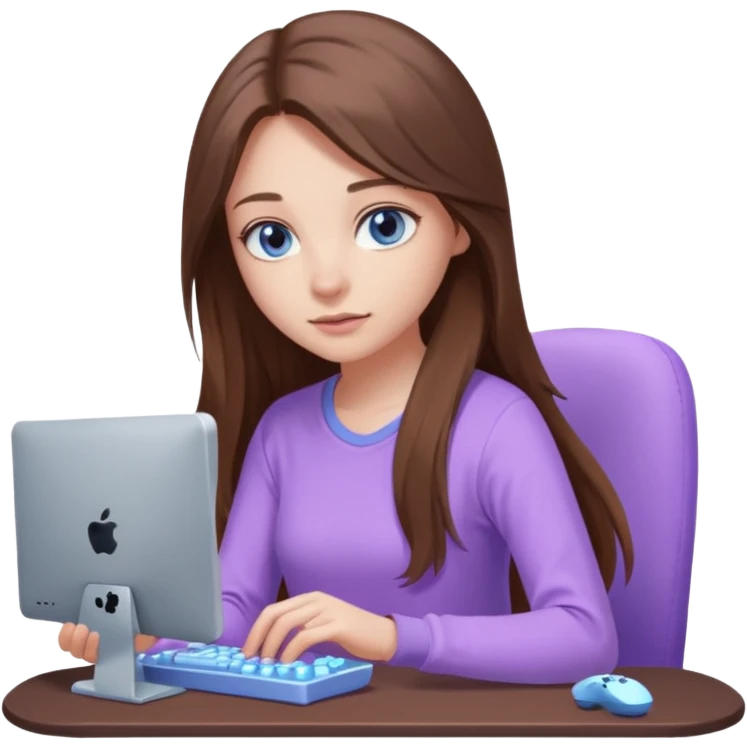 beautiful girl with long brown hair, blue eyes and wearing light purple clothes playing pc games emoji
