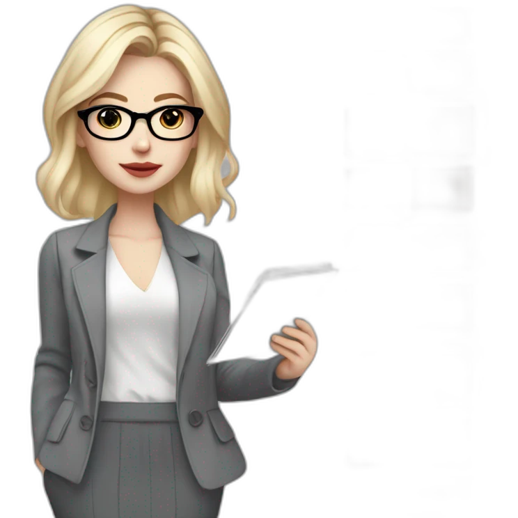 full height pale skin woman with cold blonde hair, Cara haircut, White blouse, Gray oversize jacket, Gray skirt and metal glasses holding a color palette in the hands of a color palette emoji