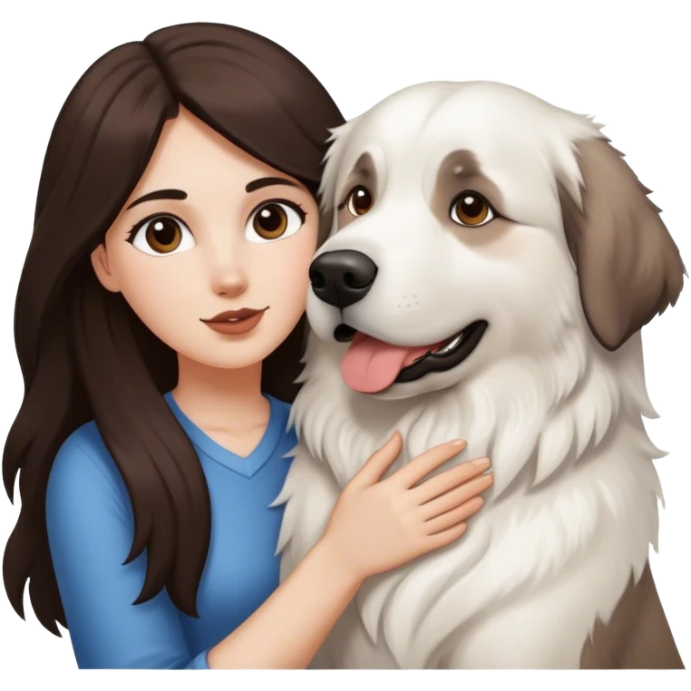 White girl with long dark brown hair holding Great Pyrenees  emoji