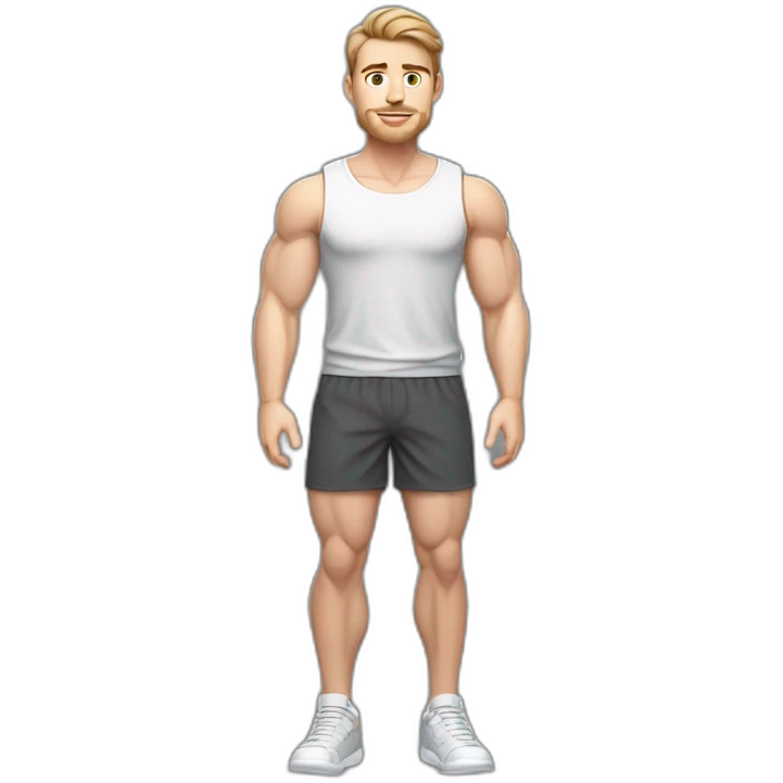 Full height Pale skinned muscular man With Realistic eyes and mouth, light brown hair and stubble In dark gray sleeveless mike, black oversize sports shorts, watch and white sneakers. emoji