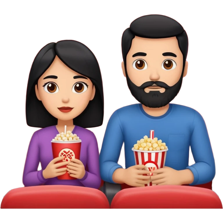 Homem de barba e mulher ambos de cabelo preto assistindo um filme no cinema emoji