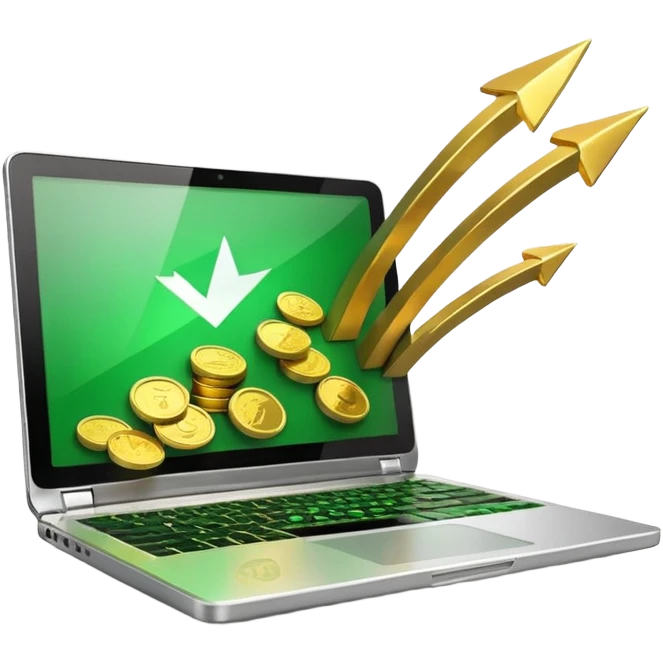 3D laptop icon with gold coins flying out of screen, green color (#0B3D2C), gold accents (#C9B037), upward arrows, glossy modern style, transparent background emoji