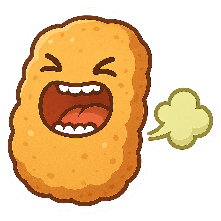 cartoon chicken nugget with an open mouth, visible teeth, and a fart cloud, fun and expressive style emoji