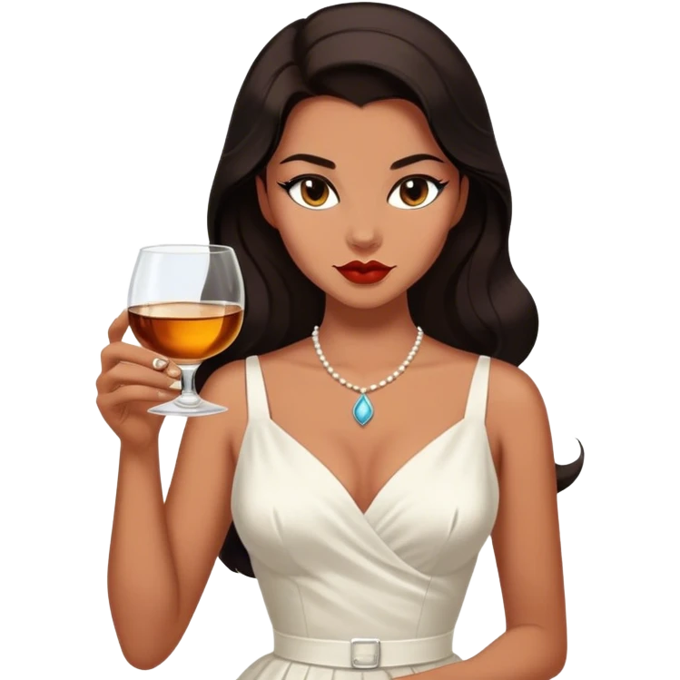 Beautiful woman in 1950’s woman fashion look, white dress, long dark brown hair, whisky with ice, black cat emoji