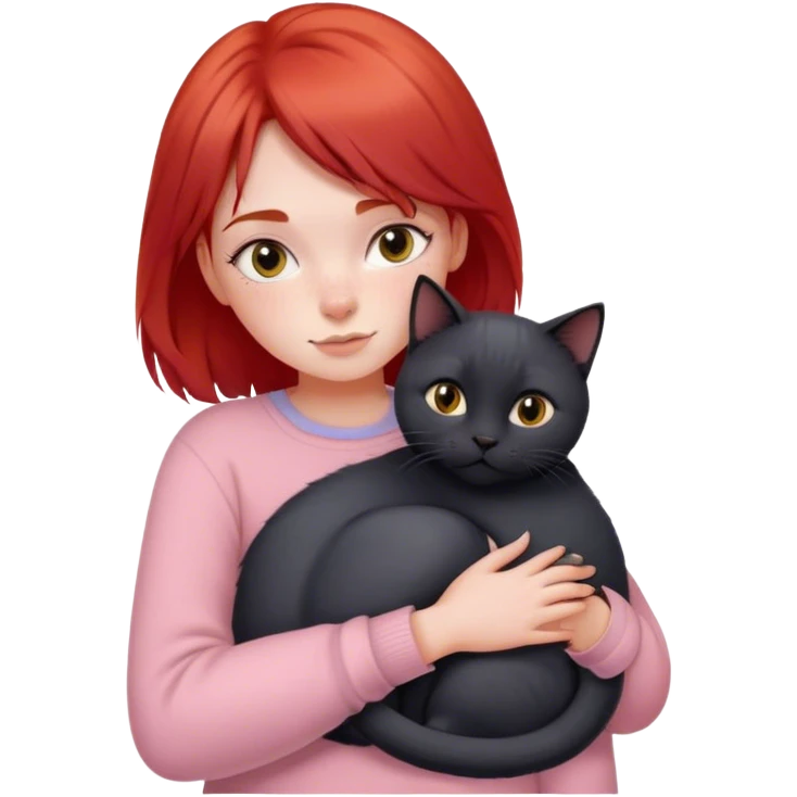 
a girl with red hair in pastel clothes hugs a black British cat emoji