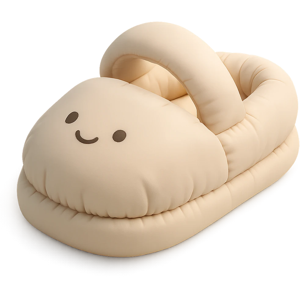 single fluffy slipper with a cute face, cushion style emoji