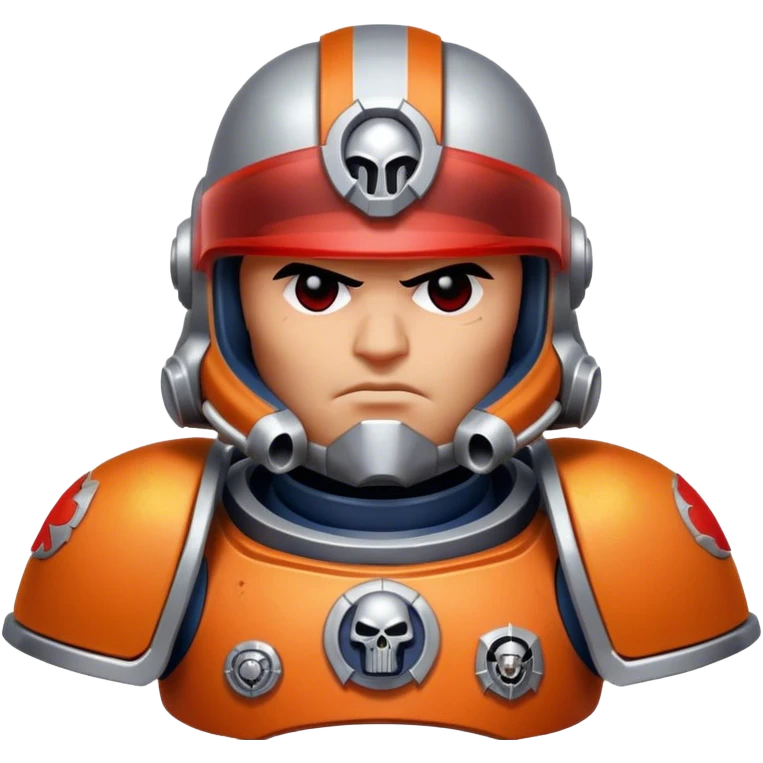 A space marine from Warhammer 40K, in orange and silver armor, with red visor emoji