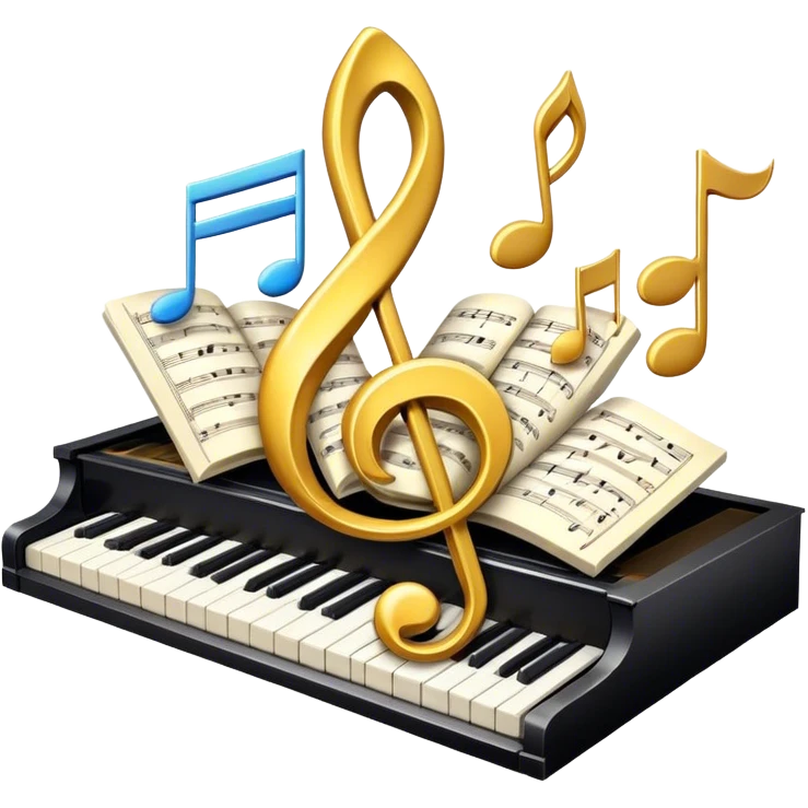 Create a bright and artistic emoji that represents music composition. The design should feature musical notes, a pencil or quill, and a sheet of music, symbolizing the creative process of composing a song. Add a touch of elegance with flowing lines to represent melody and rhythm. Incorporate piano keys arranged like a ribbon or flowing tape, symbolizing the piano's role in composition. Use gold or silver tones for sophistication, and incorporate vibrant colors to convey creativity. The background should be transparent. emoji