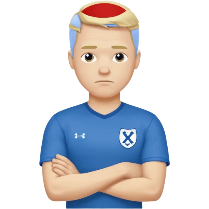 Pale blond man in blue football t shirt crossed arms cold stance  emoji