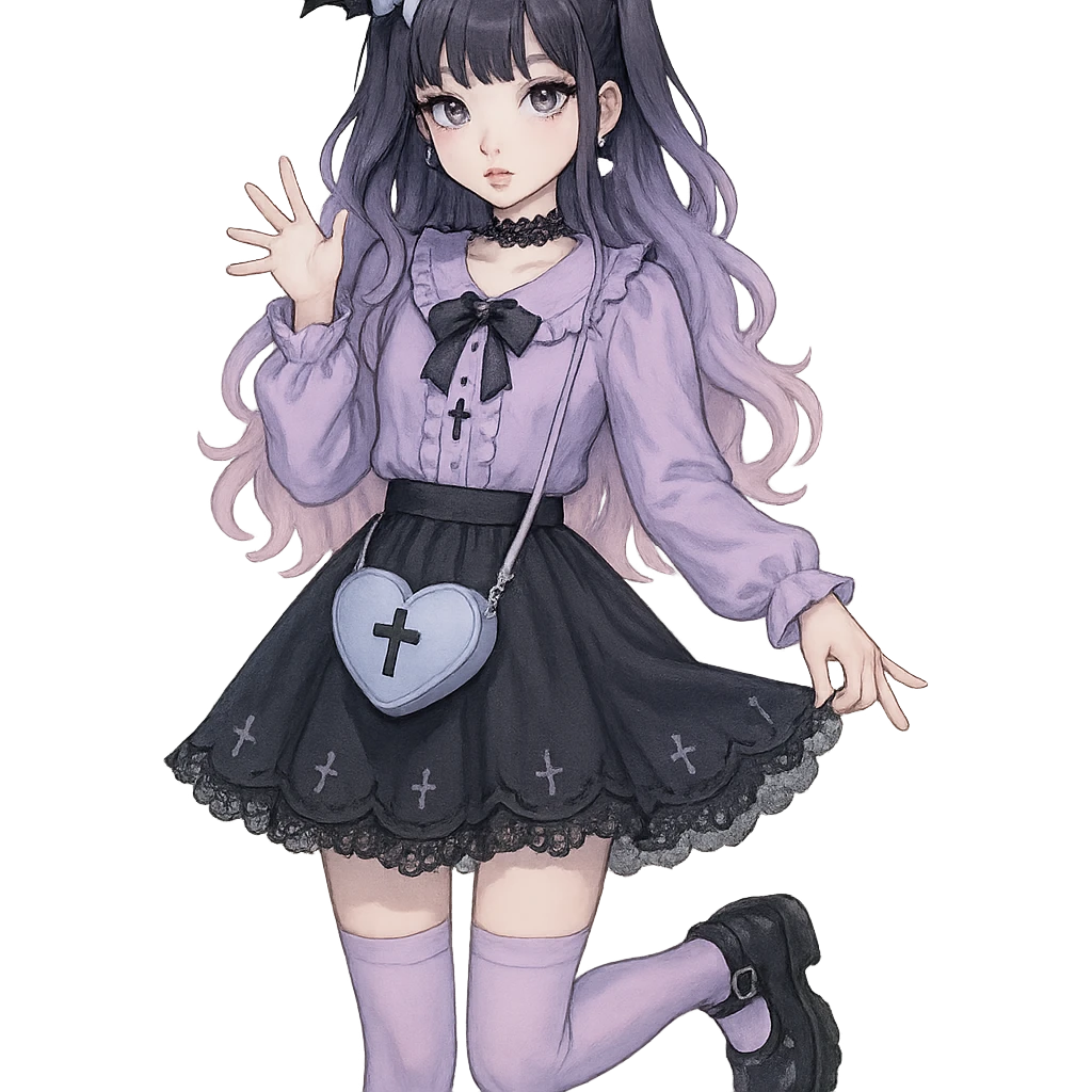 gothic K-pop girl, dreamy pastel goth style, soft colors with gothic details, whimsical pose, cute accessories emoji