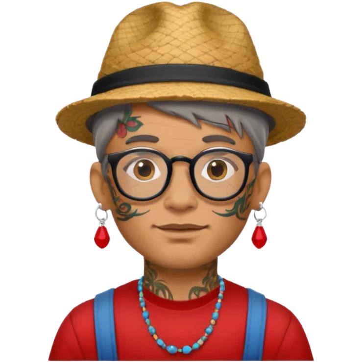 unique looking tourist with big unique red tourist hat and earrings, man with lots of tattoes and spectacles, hair showing emoji