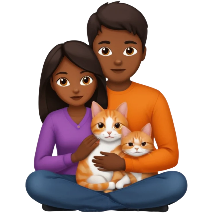 man and woman with dark hair, orange cat on woman's lap emoji