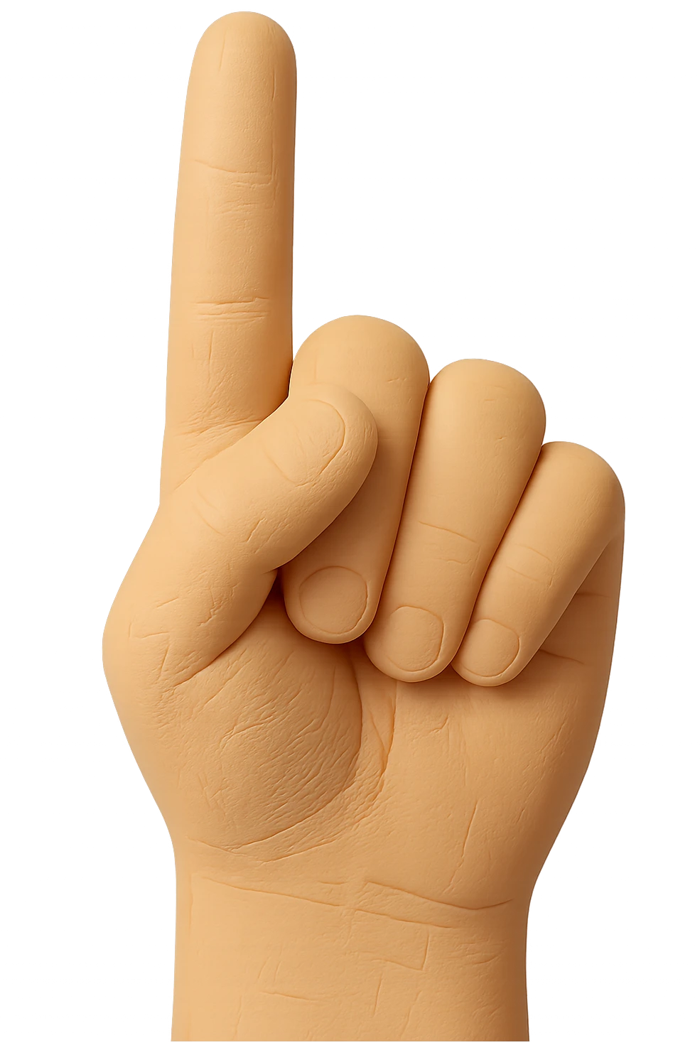 Edit the image to show only the hand, no plastic bag or anything else. The hand should be cut off cleanly right below the wrist, viewed from the back, standing vertical with the pointer finger extended. The hand should be skin color, toy-like, soft, squishy, retro plastic look, and highly detailed. No background. emoji