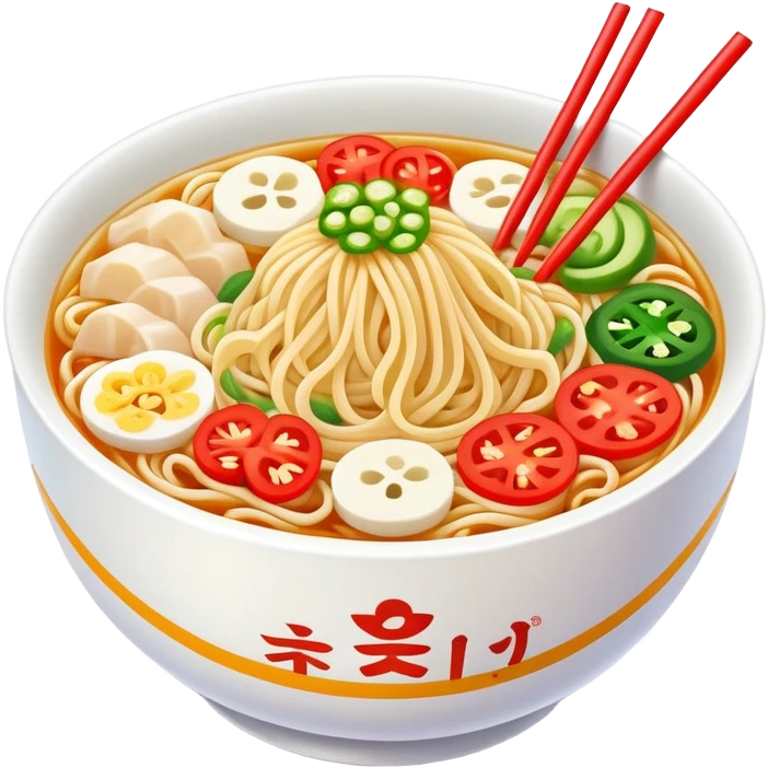 Shaanxi cold skin noodles with colorful toppings, simplified emoji style with bold outlines and bright colors, cartoon style Xi'an famous cold appetizer emoji