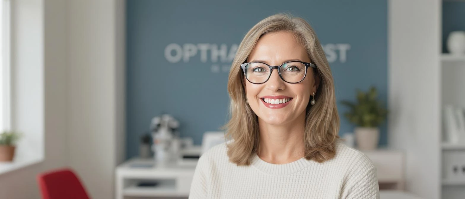 Cinematic still, Proffesional advertising of a smiling european white woman with glasses smiling, minimalistic ophthalmologist interior in background, leading  lines, "rule of thirds", 60/30/10 colors, soft light, blue and red emoji