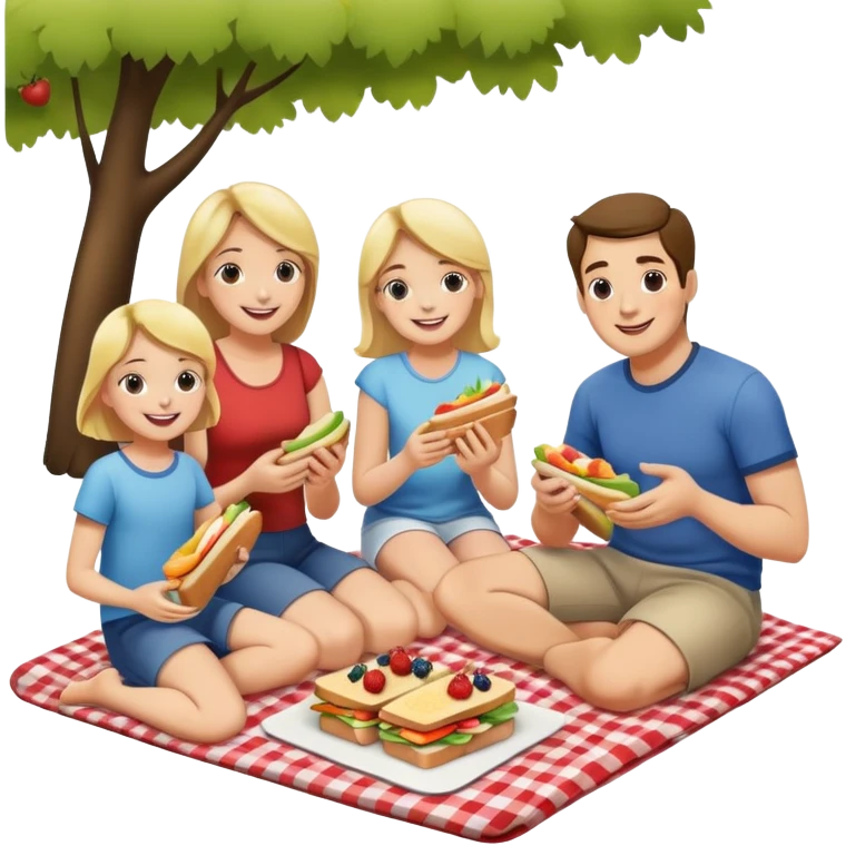 Family picnic with parents and children sitting on a blanket enjoying food outdoors emoji