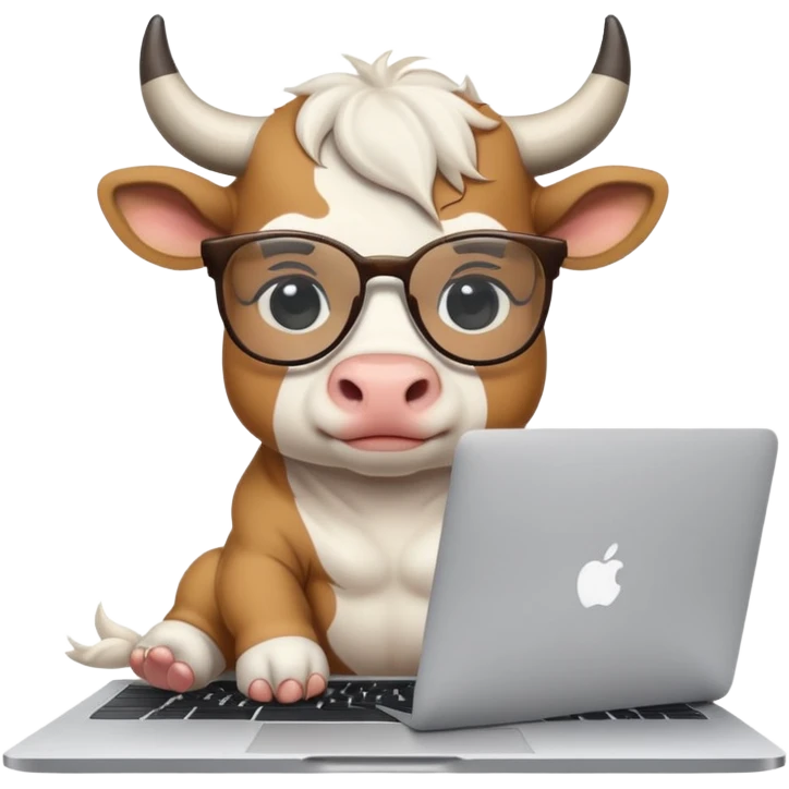 baby white bull in fancy glasses sitting in front of a macbook, working  emoji