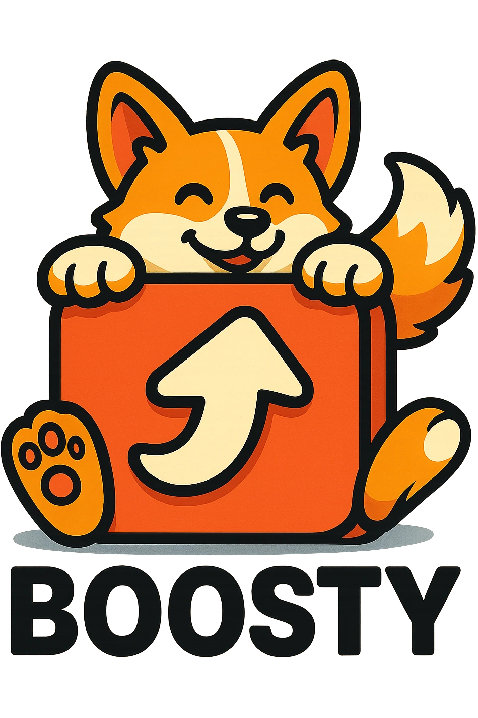 Boosty logo icon with a cute corgi's paws and tail peeking from behind the logo, or the corgi itself playfully interacting with the logo, colorful, simple, no gradients, bold clear outlines, expressive shadows and highlights to create volume, plump vector-like style with strong sense of 3D form emoji