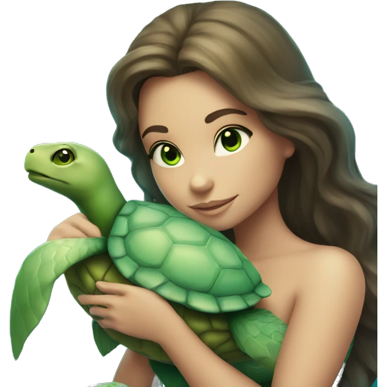 light brunette mermaid with green eyes, cuddling a turtle emoji