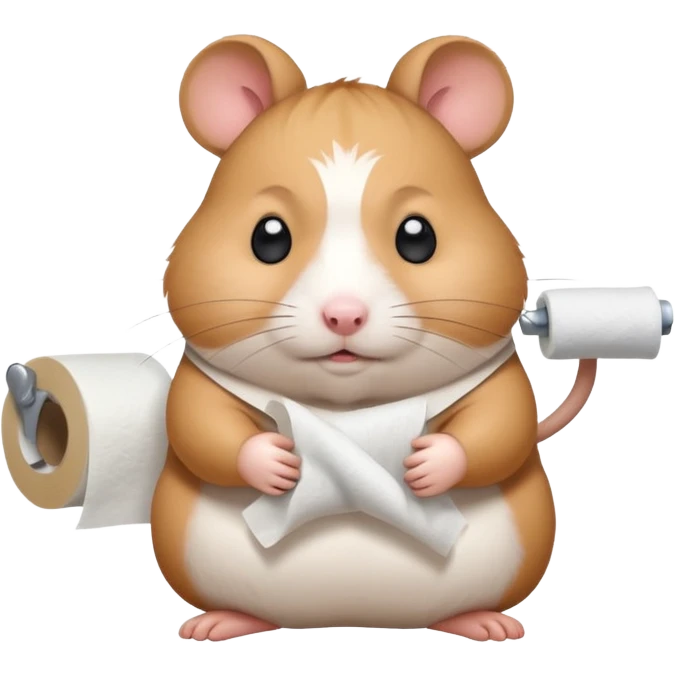 Cute chubby cartoon-style hamster sitting on toilet holding toilet paper looking as if he had an accident, sticker-style illustration emoji