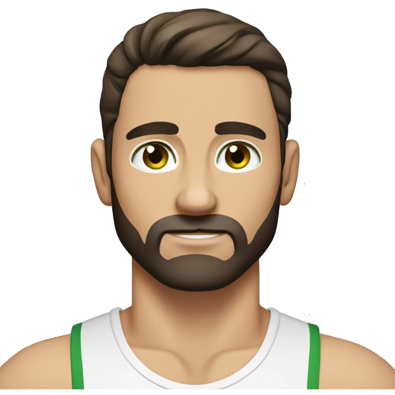 man, short dark brown straight hair, short beard, VERY LONG AND POINTY nose, white, green eyes, muscular, freckles emoji