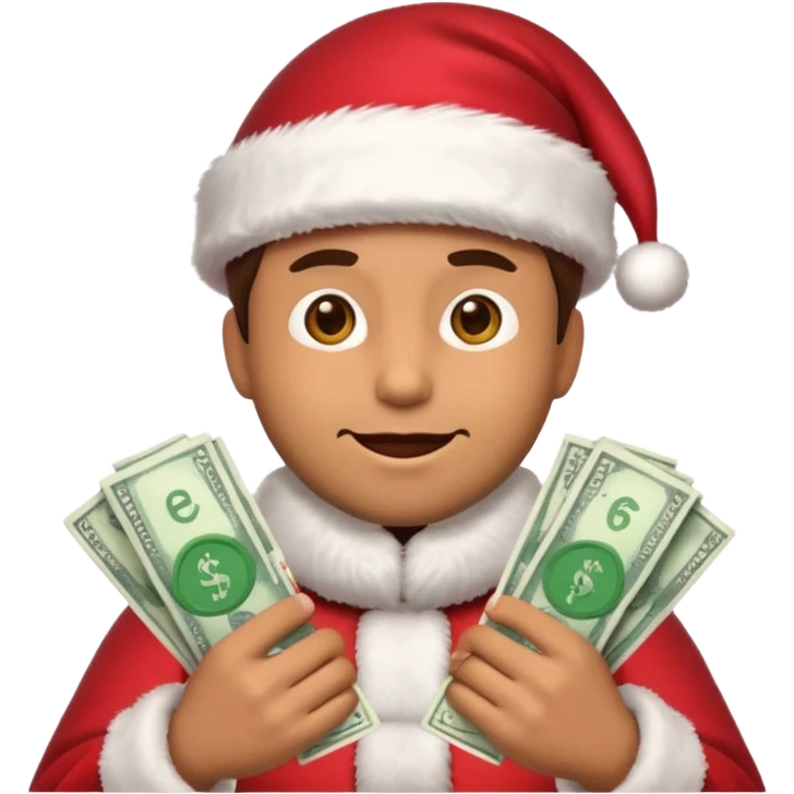 A confident rich emoji face wearing a Santa hat, money stacks, casino vibe, New Year theme, premium 3D emoji style, sharp details, no text, isolated on transparent background emoji