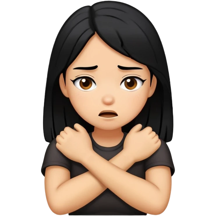 a Carmel tone girl with black hair crossed arms choking her self with a sarcastic face emoji