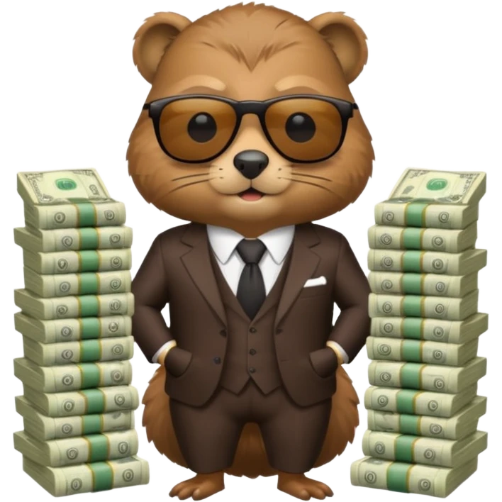 Beaver in suit wearing sunglasses surrounded by stacks if cash emoji