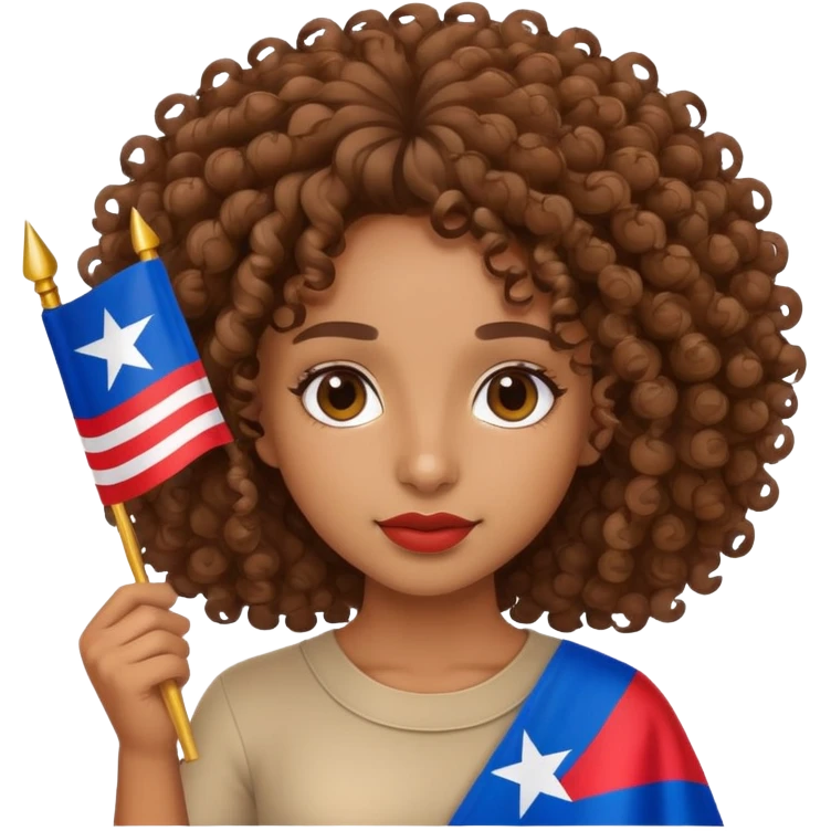 Brown girl with curly hair holding a Puerto Rican flag emoji