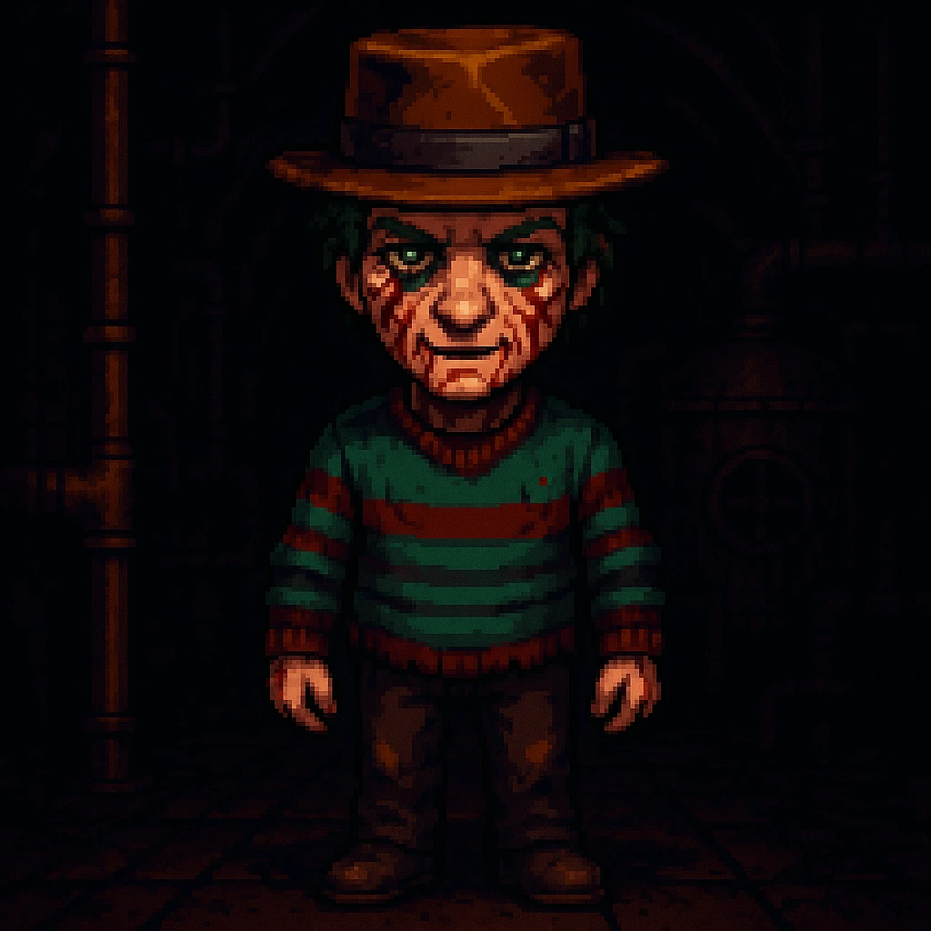 Add a spooky, nightmarish background with a boiler room and dark shadows behind Freddy Krueger, keep pixel art style emoji