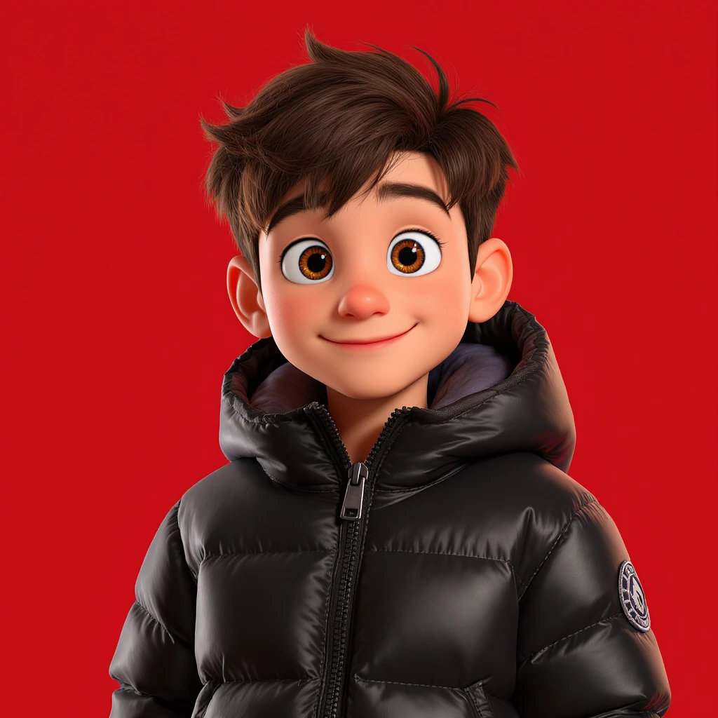3d disney pixar character, young 18yo boy with dark brown hair, and a shiny black puffer balenciaga design jacket, brave smiling. The background is a solid red color emoji