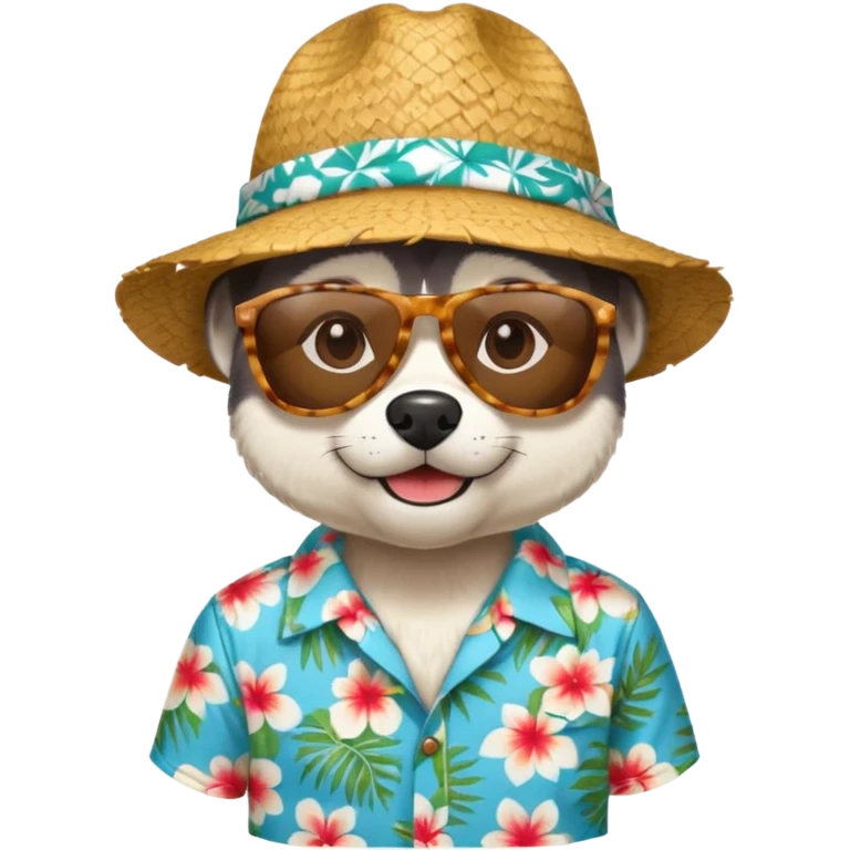 hasky with sunglasses and straw hat, hawaii shirt emoji