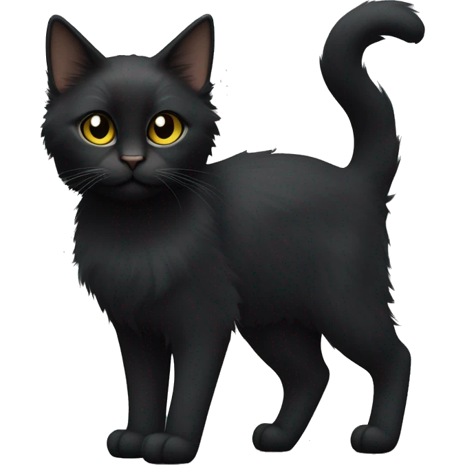 One petite, solid black furred cat. Light yellow eyes. Black pointed tufts of long fur at only the very tip-top points of its ears like a lynx. Fully body black and no other color markings. Facing forward and standing with ears slightly tilted. emoji