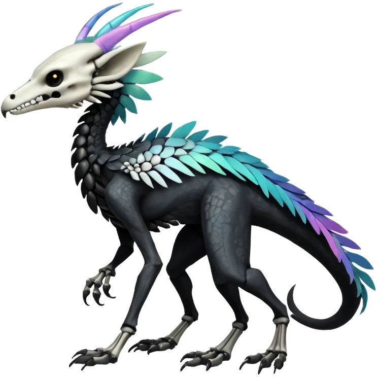 Rare realistic tribal patterned white whitish pastel colorful iridescent shiny glossy feathered skeletal badass epic handsome gorgeous aesthetic black-skulled Vernid-Trico-Sergal-Salandit-Nargacuga-species-Fakemon-creature by LiLaiRa, 4 legs, 1 tail, random markings, (full body) long ears emoji
