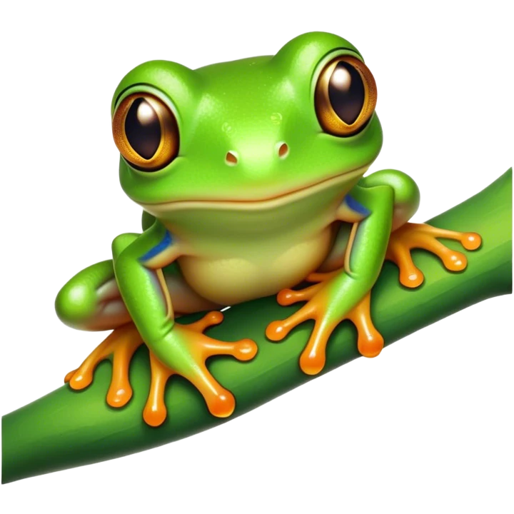 Cinematic Cute Green Tree Frog Portrait Emoji, Head tilted playfully and inquisitively, featuring a charmingly compact form with vivid green, slightly textured skin, prominent sticky toe pads, and round, sparkling eyes full of playful wonder, Simplified yet irresistibly adorable features, highly detailed, glowing with a warm, inviting jungle glow, high shine, affectionate and lively, stylized with a touch of tropical whimsy, soft glowing outline, capturing the essence of a mischievous yet loving frog that seems as if it could hop out of the screen into your arms! emoji