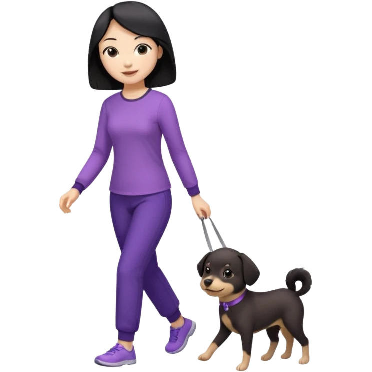 black hair Chinese woman wearing purple top and black pants walking 1 small light brown dog emoji