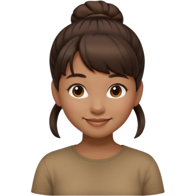In Apple Memoji format, a girl with dark brown hair. She has bangs and her hair is in a singular high bun. The girl is arab and has light brown skin. She is wearing a brown shirt. She is soft smiling, no teeth shown. emoji