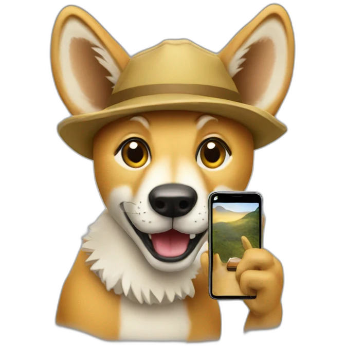 A dingo taking a picture with a phone emoji